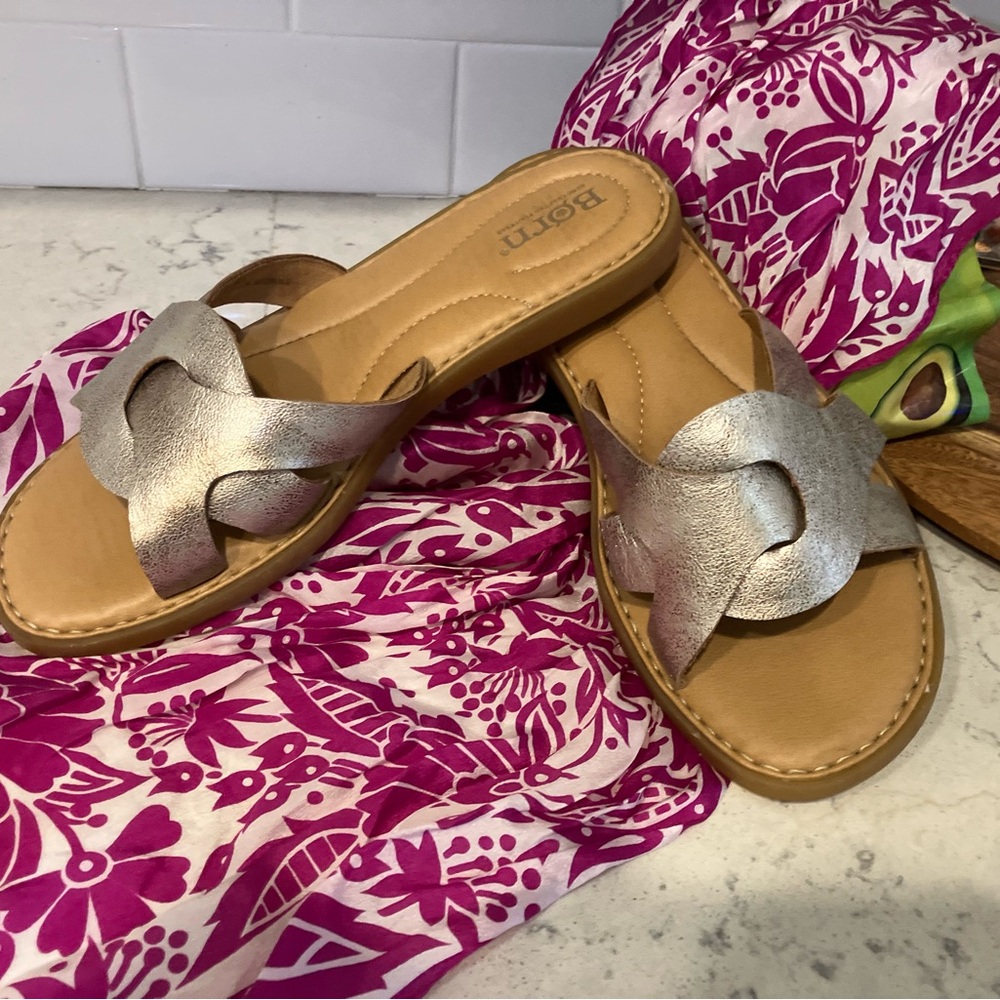 Born light gold metallic/Tan Sandals with soft cushioned Footbed.
